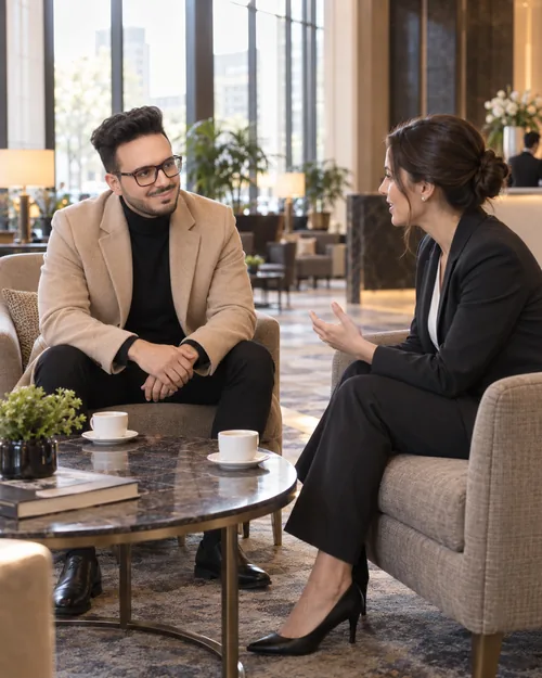 Minias Awadalla mit einem Auftraggeber, Auftragsart Hotelreinigung