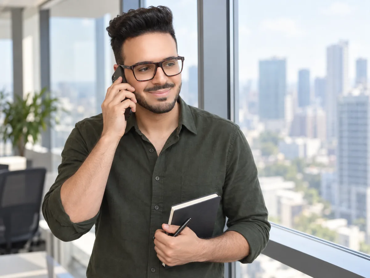 Minias Awadalla telefoniert am Fenster und macht sich Notizen