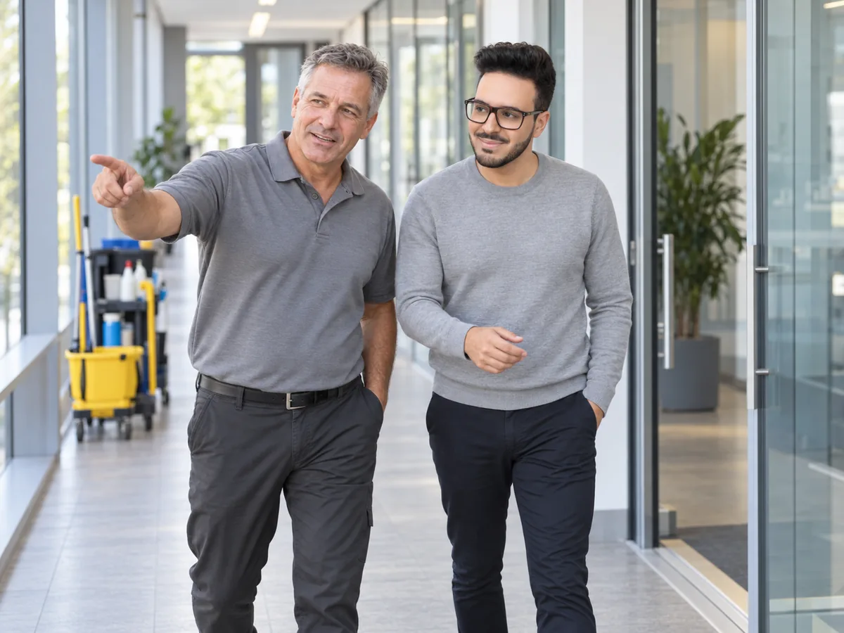 Minias Awadalla geht mit einem Reinigungsunternehmer durch ein neues Objekt